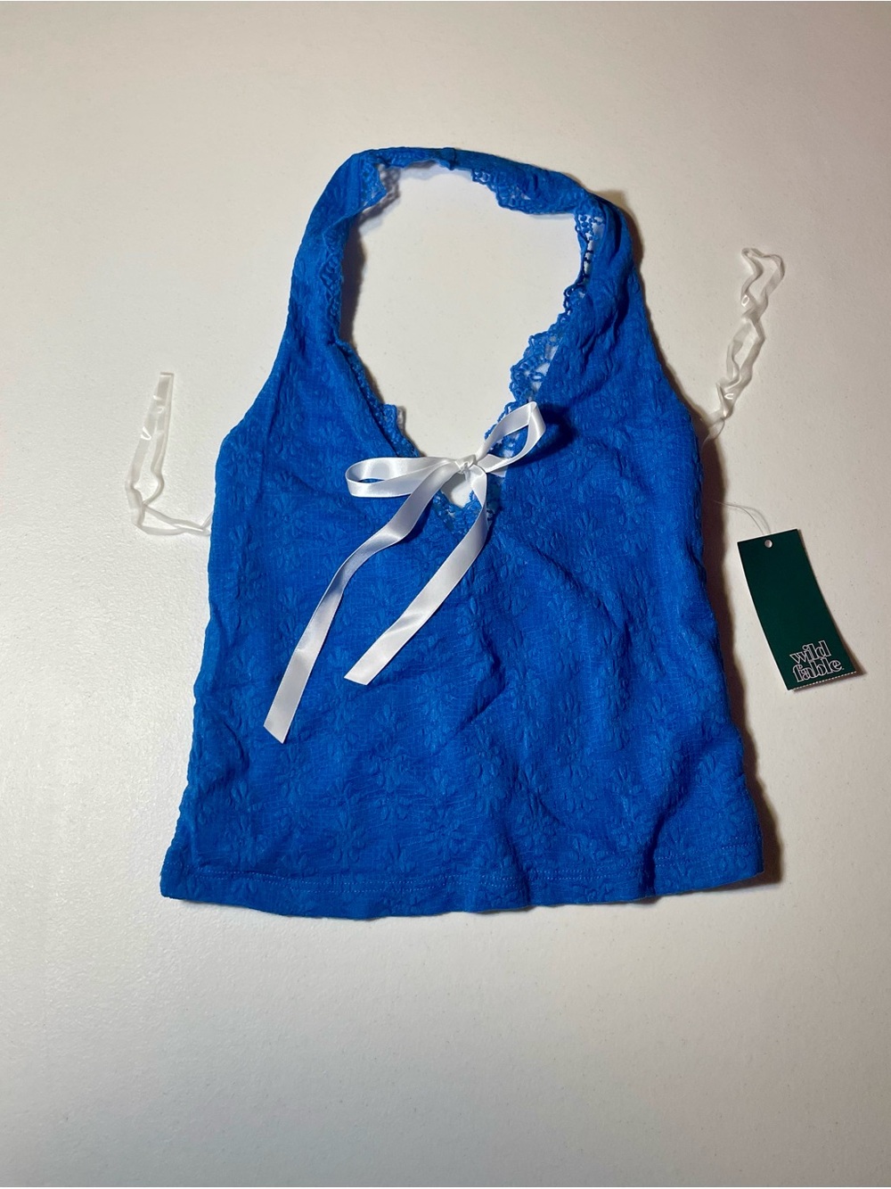 Wild Fable Mid Blue Game Day Lace Trim Bow Halter Crop Top Size XXS NWT